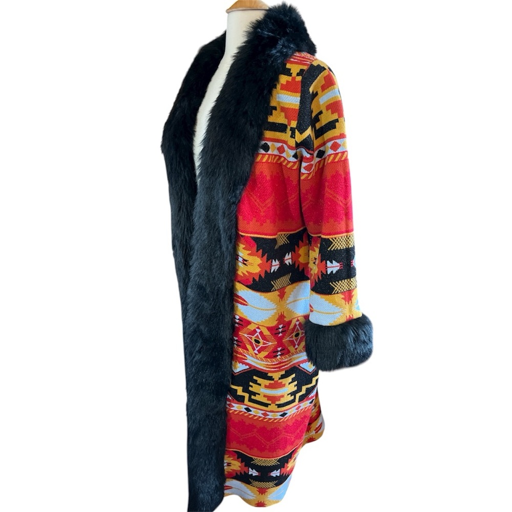 Midnight Velvet Boho Multicolor Penny Lane style Cardigan Coat Black Faux Fur M - Picture 5 of 17